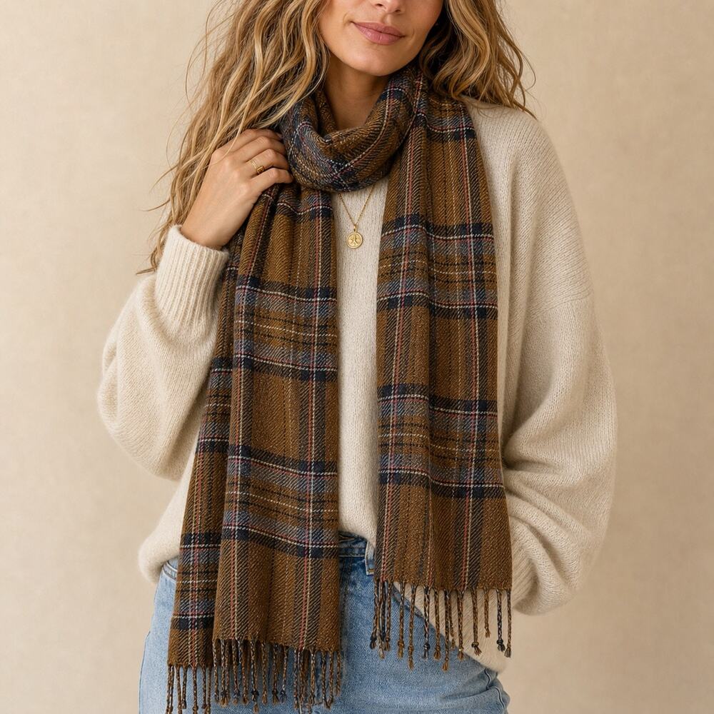 Brown Plaid Fringe Scarf Lightweight Rayon Cozy Fall Classic One Size